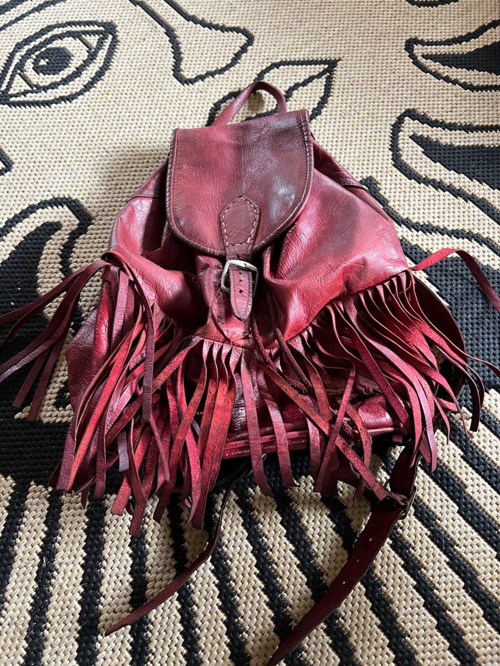 Fringe Leather Shoulder Bag - Burgundy